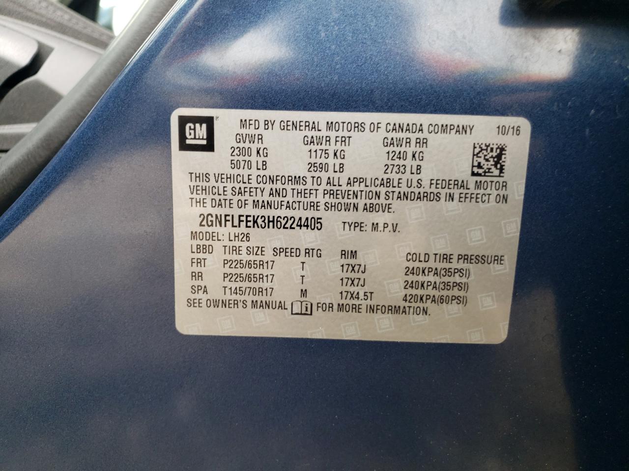 Chevrolet equinox lt 2GNFLFEK3H6224405