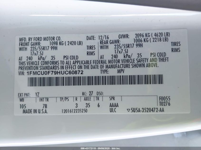 Ford escape s 1FMCU0F79HUC60872