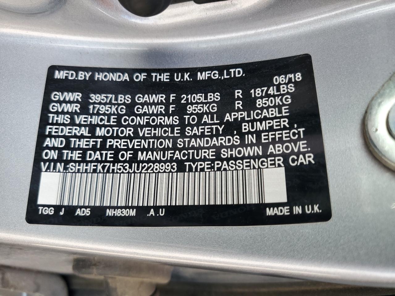 Honda civic ex SHHFK7H53JU228993