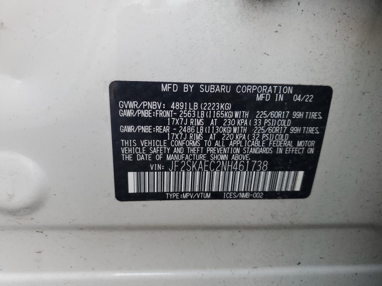 Subaru forester p JF2SKAEC2NH461738